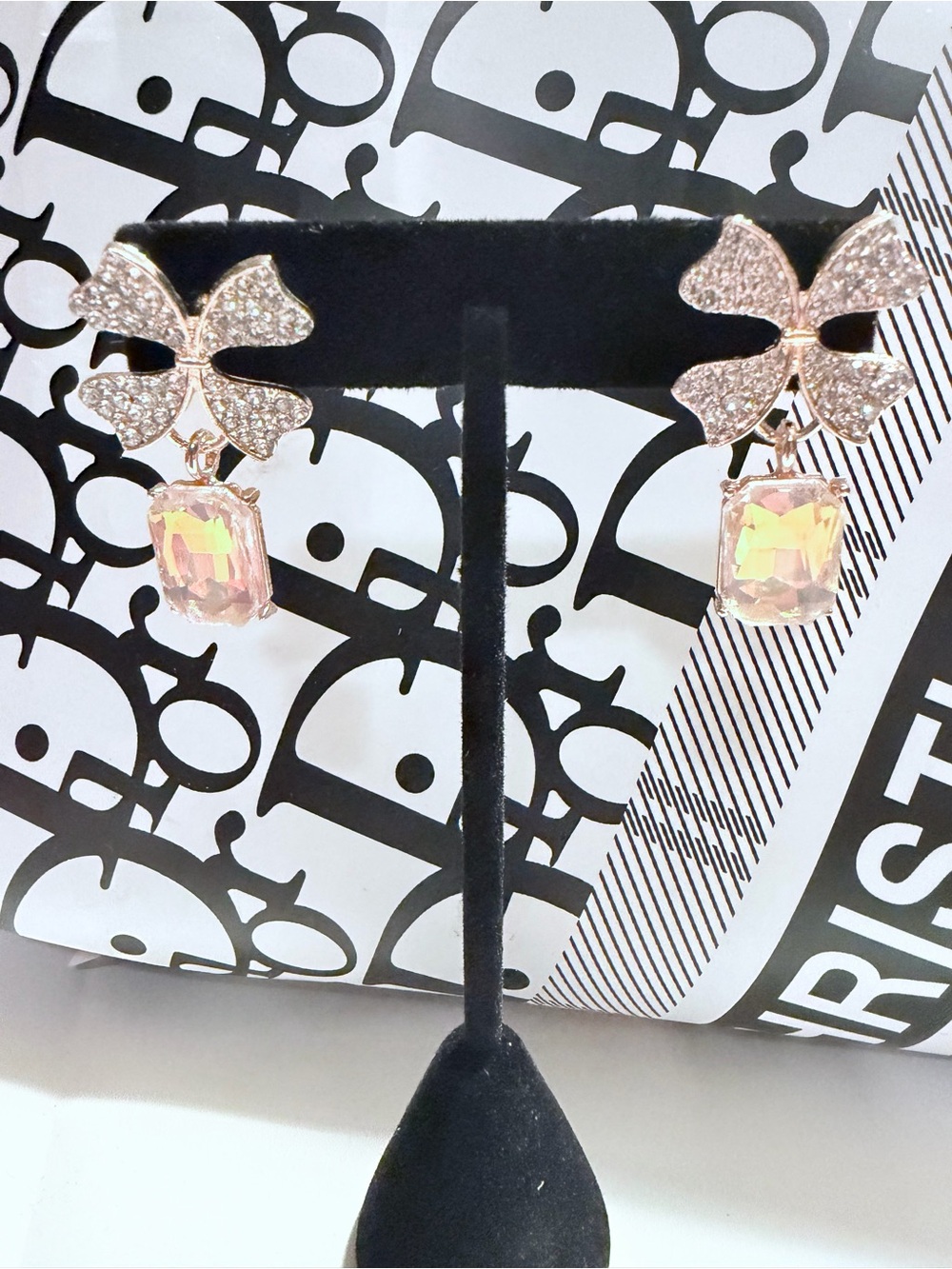 Crystal Bow Drop Earrings in Pink - 4-Leaf Design